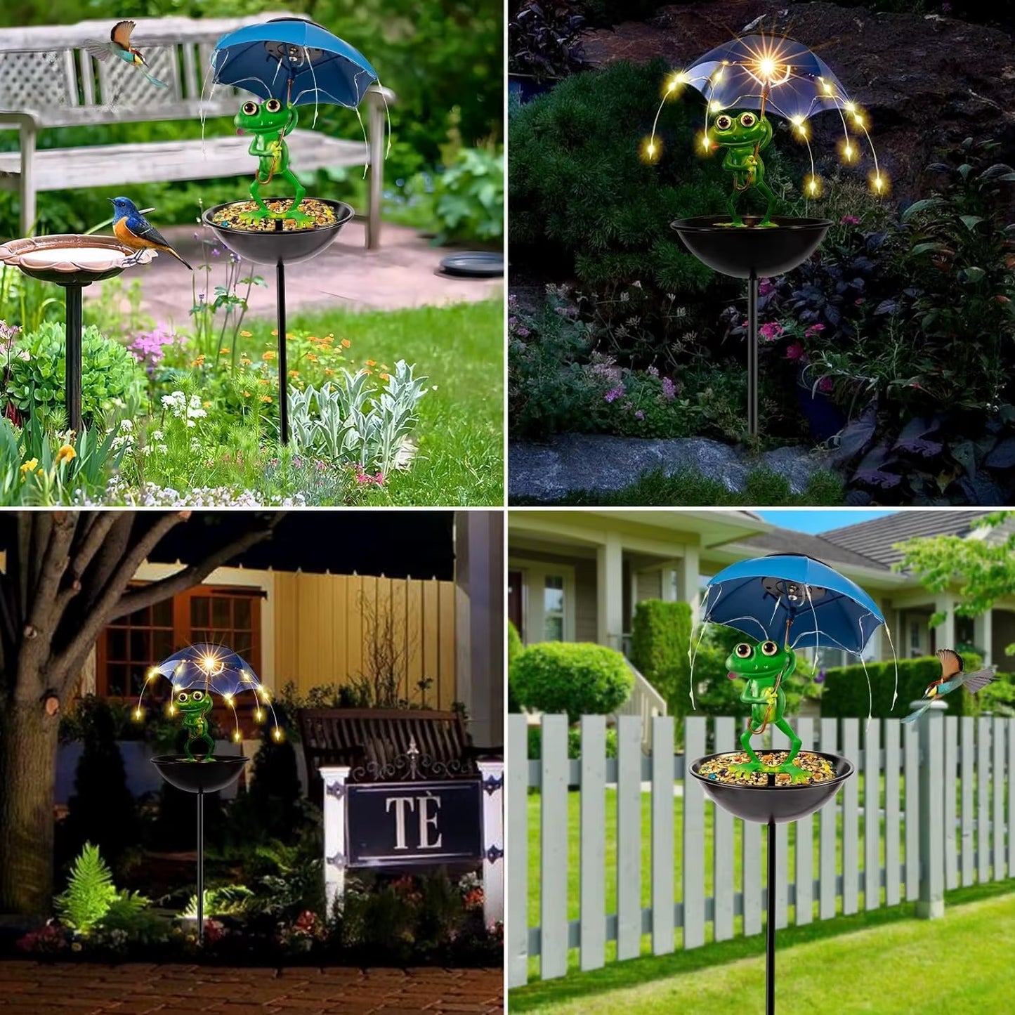 Bird Feeder Art Ornament Solar Lamp Large Capacity Weather Resistance Solar Frog Garden Decor for outside Yard Courtyard Patio