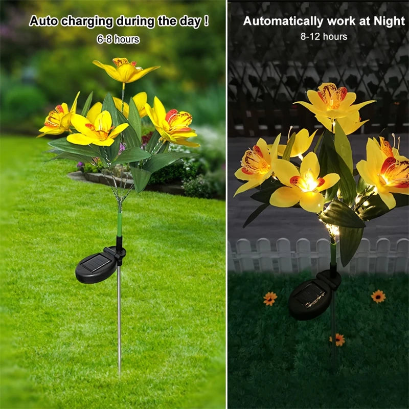 1Pc Artificial Flower Lawn Lights, 7-Head Solar Orchid Lights for Patio Yard Garden Christmas Decoration LED Solar Ground Lights