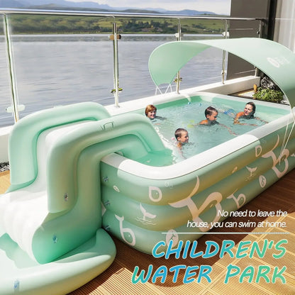 Inflatable Pool with Canopy and Slide,Large Inflatable Swimming Pool for Persons,Family Pool for Backyard, Outdoor