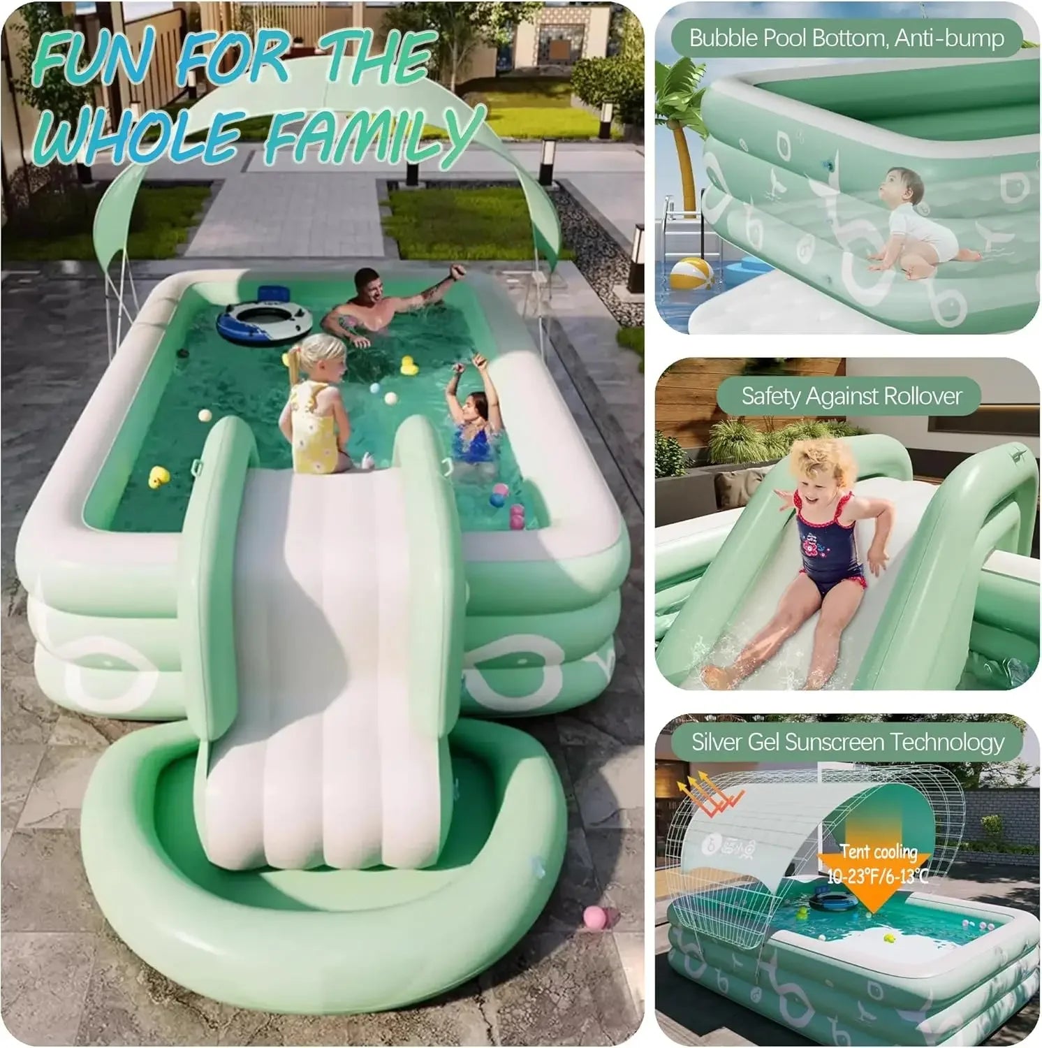 Inflatable Pool with Canopy and Slide,Large Inflatable Swimming Pool for Persons,Family Pool for Backyard, Outdoor