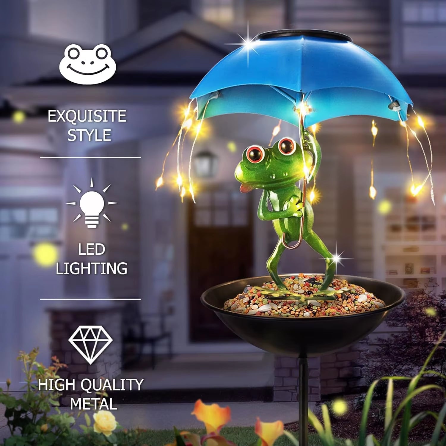 Bird Feeder Art Ornament Solar Lamp Large Capacity Weather Resistance Solar Frog Garden Decor for outside Yard Courtyard Patio