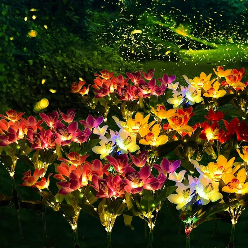 1Pc Artificial Flower Lawn Lights, 7-Head Solar Orchid Lights for Patio Yard Garden Christmas Decoration LED Solar Ground Lights