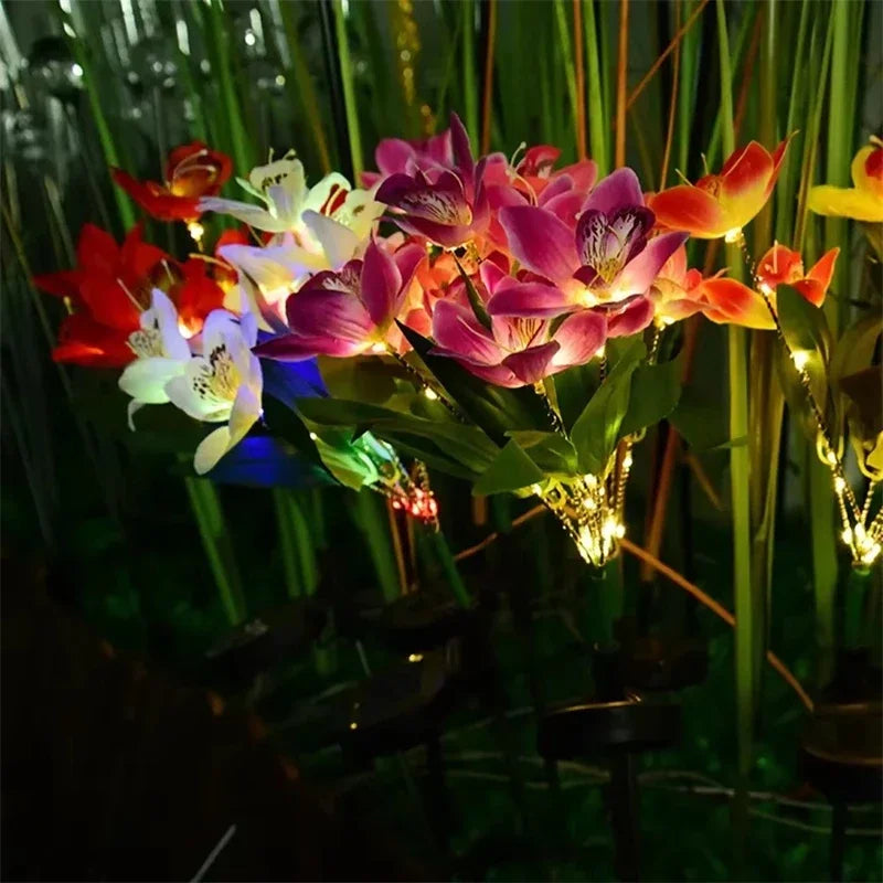 1Pc Artificial Flower Lawn Lights, 7-Head Solar Orchid Lights for Patio Yard Garden Christmas Decoration LED Solar Ground Lights