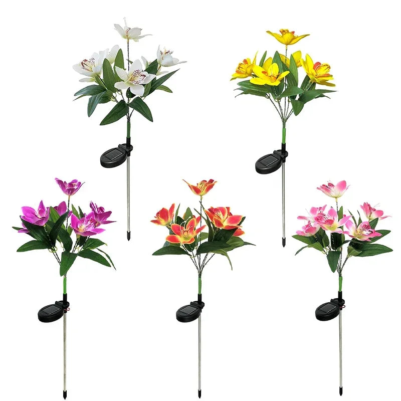 1Pc Artificial Flower Lawn Lights, 7-Head Solar Orchid Lights for Patio Yard Garden Christmas Decoration LED Solar Ground Lights