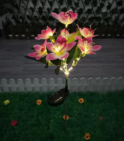 1Pc Artificial Flower Lawn Lights, 7-Head Solar Orchid Lights for Patio Yard Garden Christmas Decoration LED Solar Ground Lights