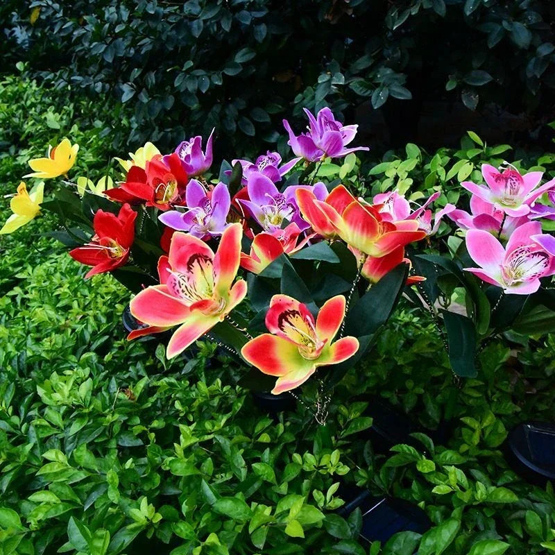 1Pc Artificial Flower Lawn Lights, 7-Head Solar Orchid Lights for Patio Yard Garden Christmas Decoration LED Solar Ground Lights