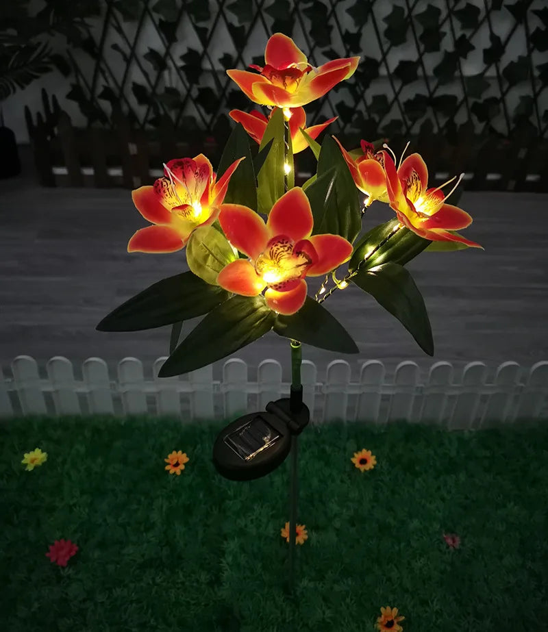 1Pc Artificial Flower Lawn Lights, 7-Head Solar Orchid Lights for Patio Yard Garden Christmas Decoration LED Solar Ground Lights