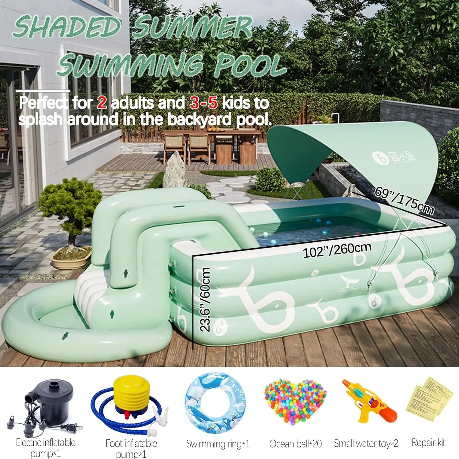 Inflatable Pool with Canopy and Slide,Large Inflatable Swimming Pool for Persons,Family Pool for Backyard, Outdoor