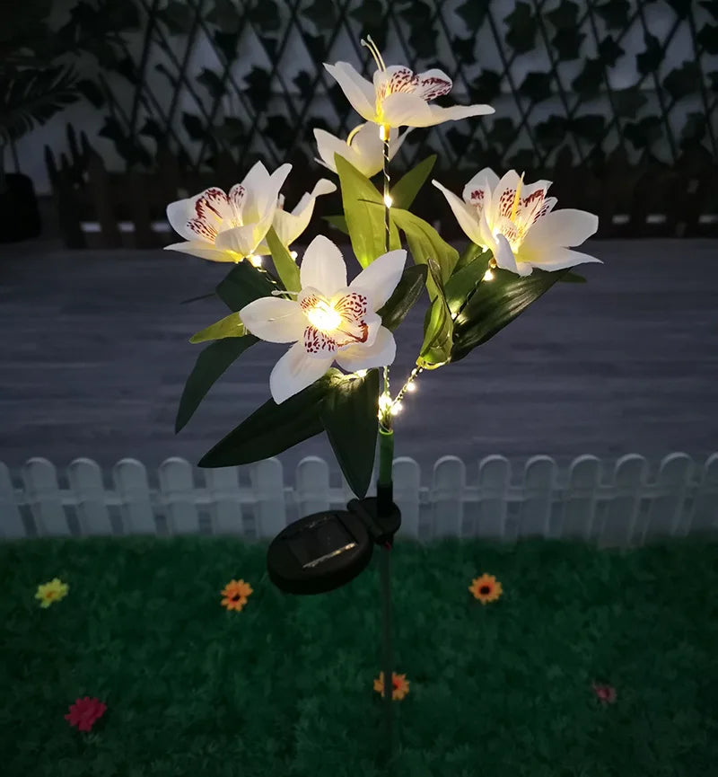 1Pc Artificial Flower Lawn Lights, 7-Head Solar Orchid Lights for Patio Yard Garden Christmas Decoration LED Solar Ground Lights