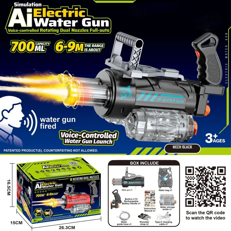 Unleash the Fun with the Outdoor Electric Gatling Water Gun - Voice-Controlled Double Barrel Spray Toy for Kids 14+