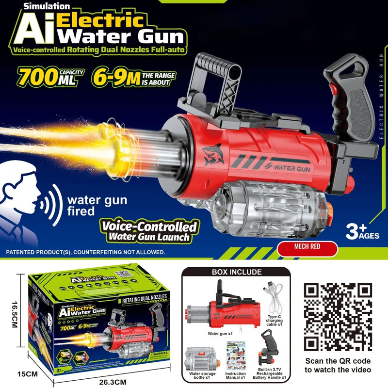 Unleash the Fun with the Outdoor Electric Gatling Water Gun - Voice-Controlled Double Barrel Spray Toy for Kids 14+