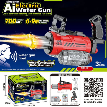 Unleash the Fun with the Outdoor Electric Gatling Water Gun - Voice-Controlled Double Barrel Spray Toy for Kids 14+