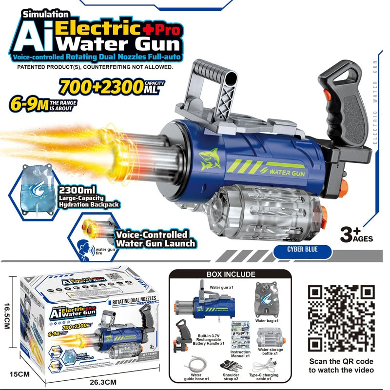 Unleash the Fun with the Outdoor Electric Gatling Water Gun - Voice-Controlled Double Barrel Spray Toy for Kids 14+