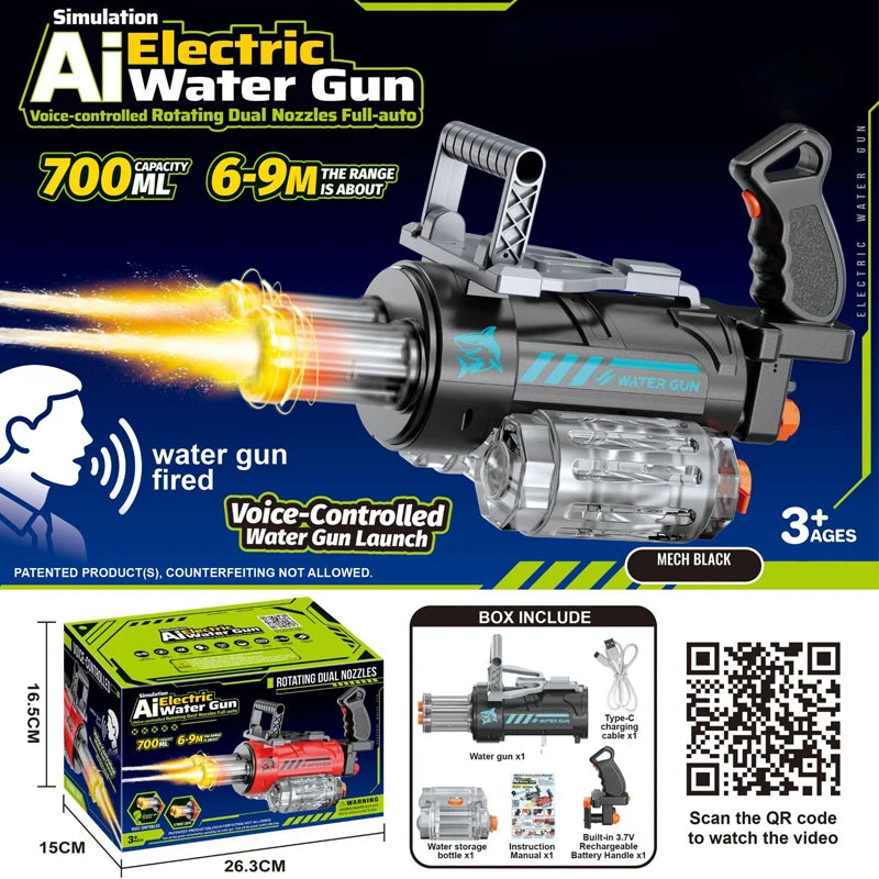 Unleash the Fun with the Outdoor Electric Gatling Water Gun - Voice-Controlled Double Barrel Spray Toy for Kids 14+
