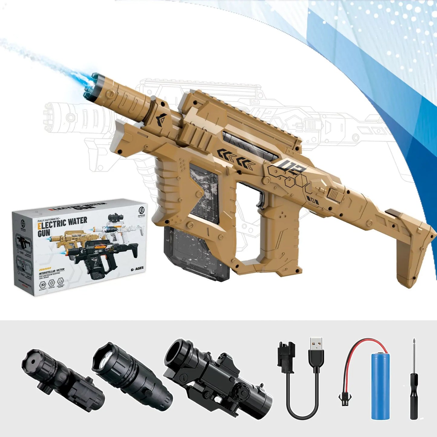 Experience Epic Summer Battles with the Interstellar Victor Auto Water Gun - Rechargeable with Scope, Light & Charger for Kids 6+!