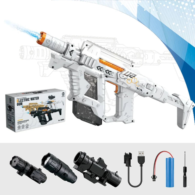 Experience Epic Summer Battles with the Interstellar Victor Auto Water Gun - Rechargeable with Scope, Light & Charger for Kids 6+!