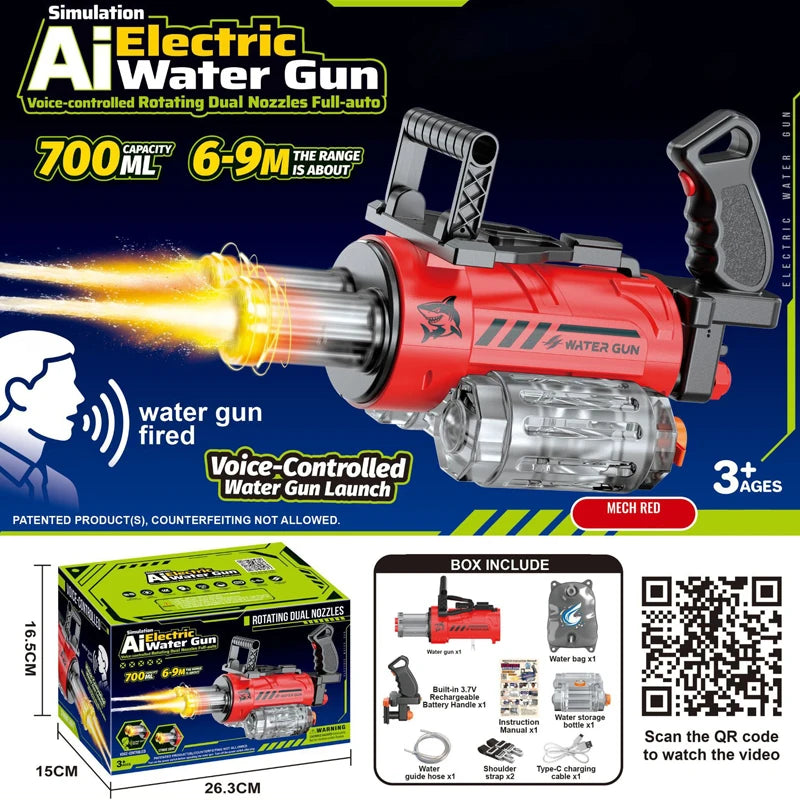 Unleash the Fun with the Outdoor Electric Gatling Water Gun - Voice-Controlled Double Barrel Spray Toy for Kids 14+