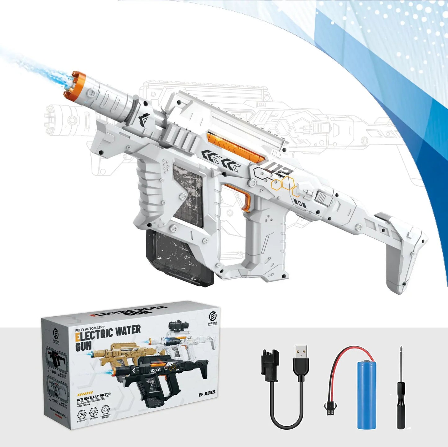 Experience Epic Summer Battles with the Interstellar Victor Auto Water Gun - Rechargeable with Scope, Light & Charger for Kids 6+!