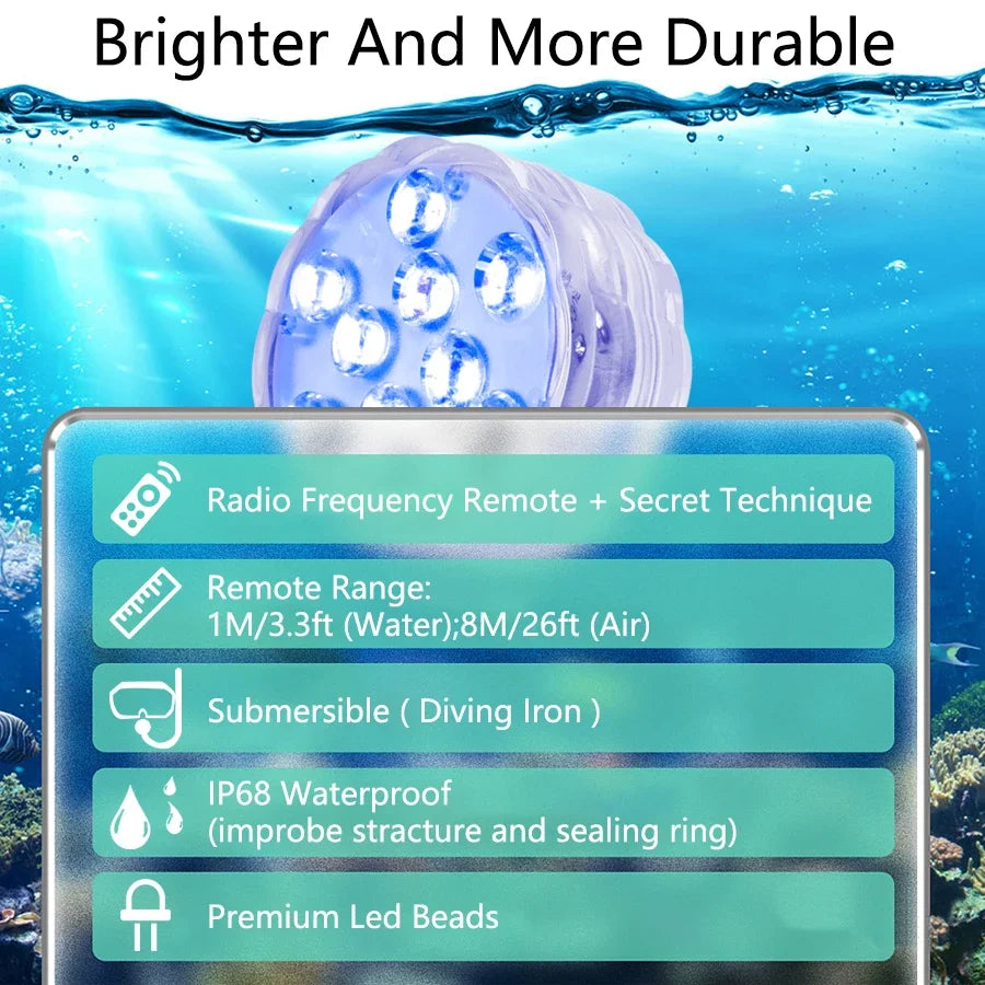 10 Leds RGB Underwater Lights with Magnetic Suction Cups 16 Color Lights Battery Operated Swimming Pool Lamp Underwater Lighting