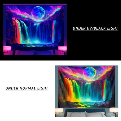 1PC Colorful Waterfall UV Response Tapestry, Moon Night Sky Natural Landscape Black Light Home Decoration Tapestry