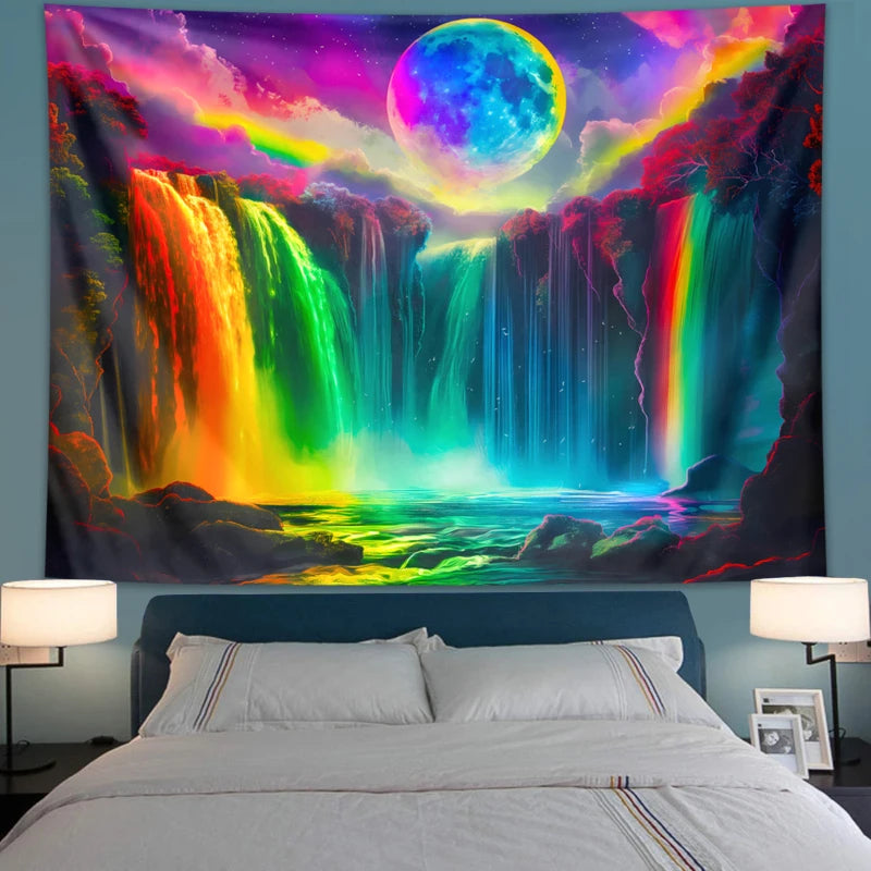 1PC Colorful Waterfall UV Response Tapestry, Moon Night Sky Natural Landscape Black Light Home Decoration Tapestry
