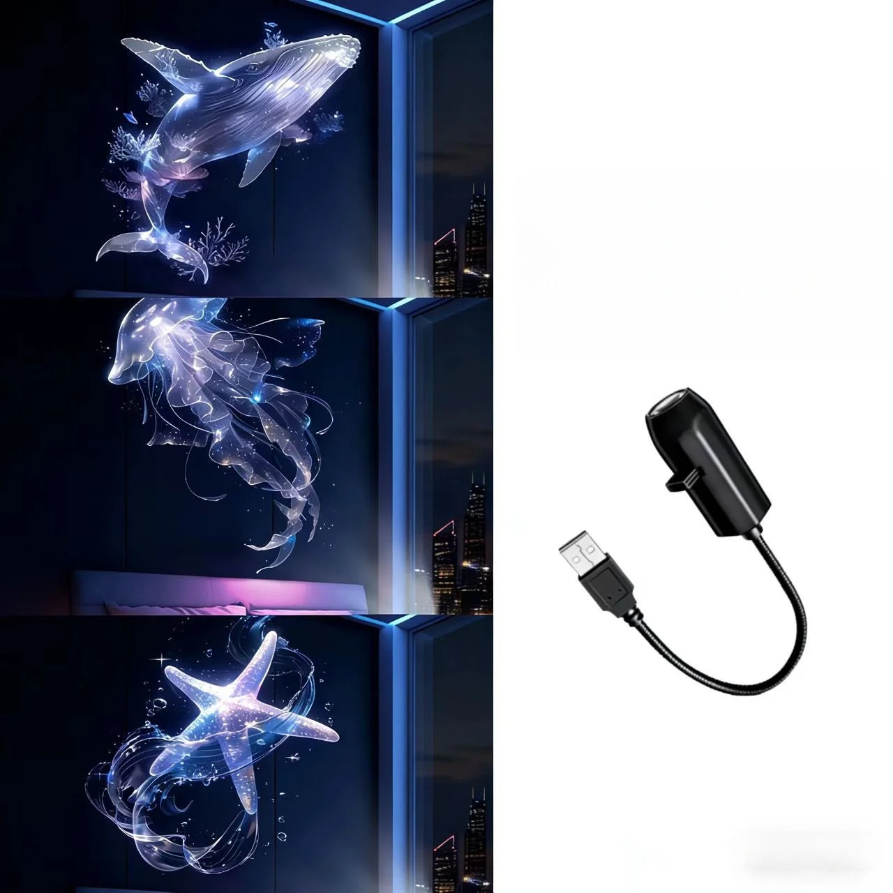 LED USB Projector Light 3/6Pcs Projection Patterns- Adjustable Whale Butterfly Jellyfish Starfish Night Light Festival Gift