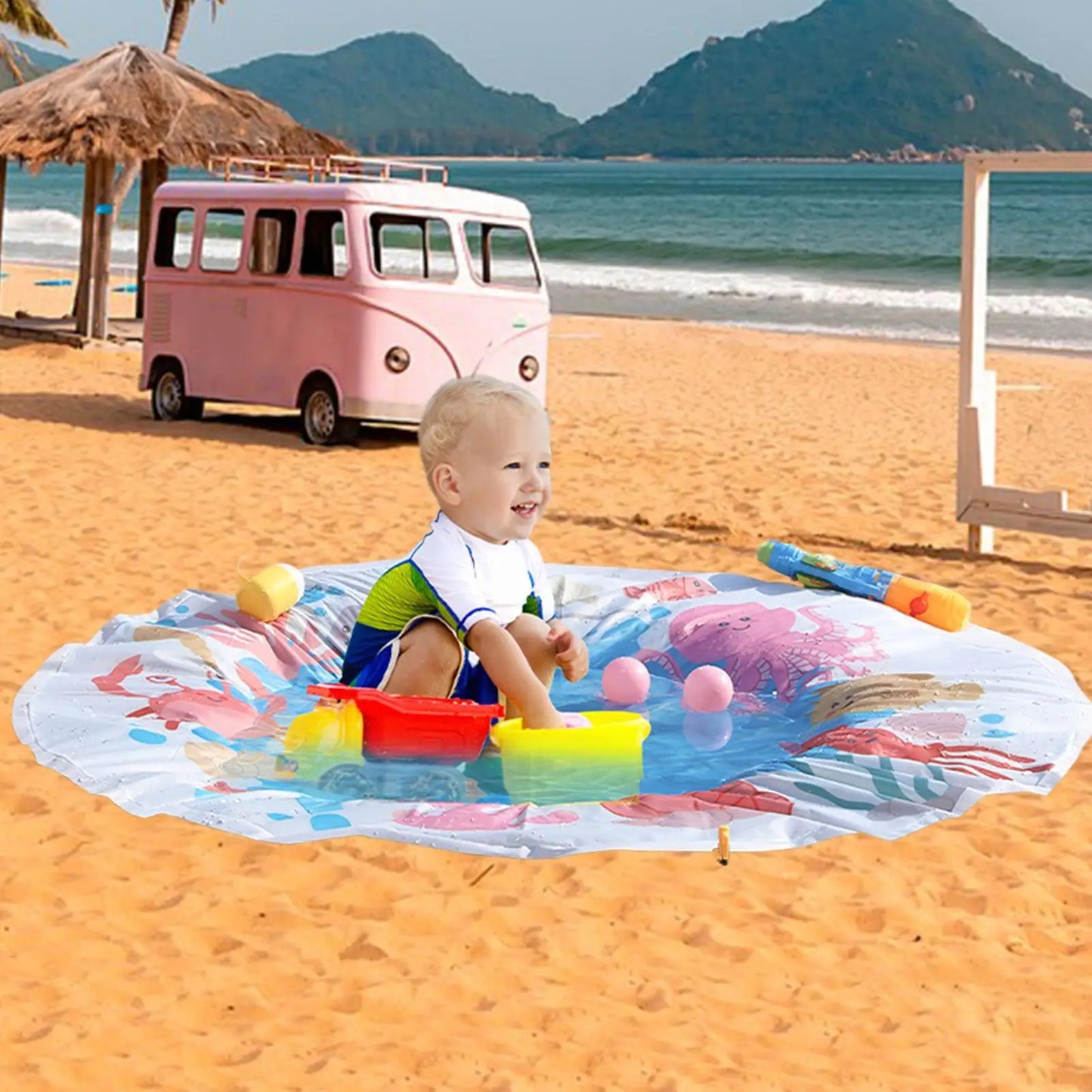 Kids Beach Puddle Pool Toddler Blanket Paddling Pool with Carrying Bag Waterproof Summer Outdoor Water Play Toy Picnic Travel
