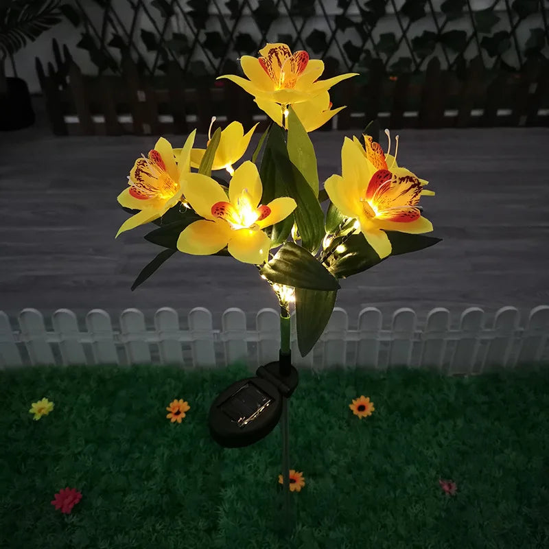 1Pc Artificial Flower Lawn Lights, 7-Head Solar Orchid Lights for Patio Yard Garden Christmas Decoration LED Solar Ground Lights