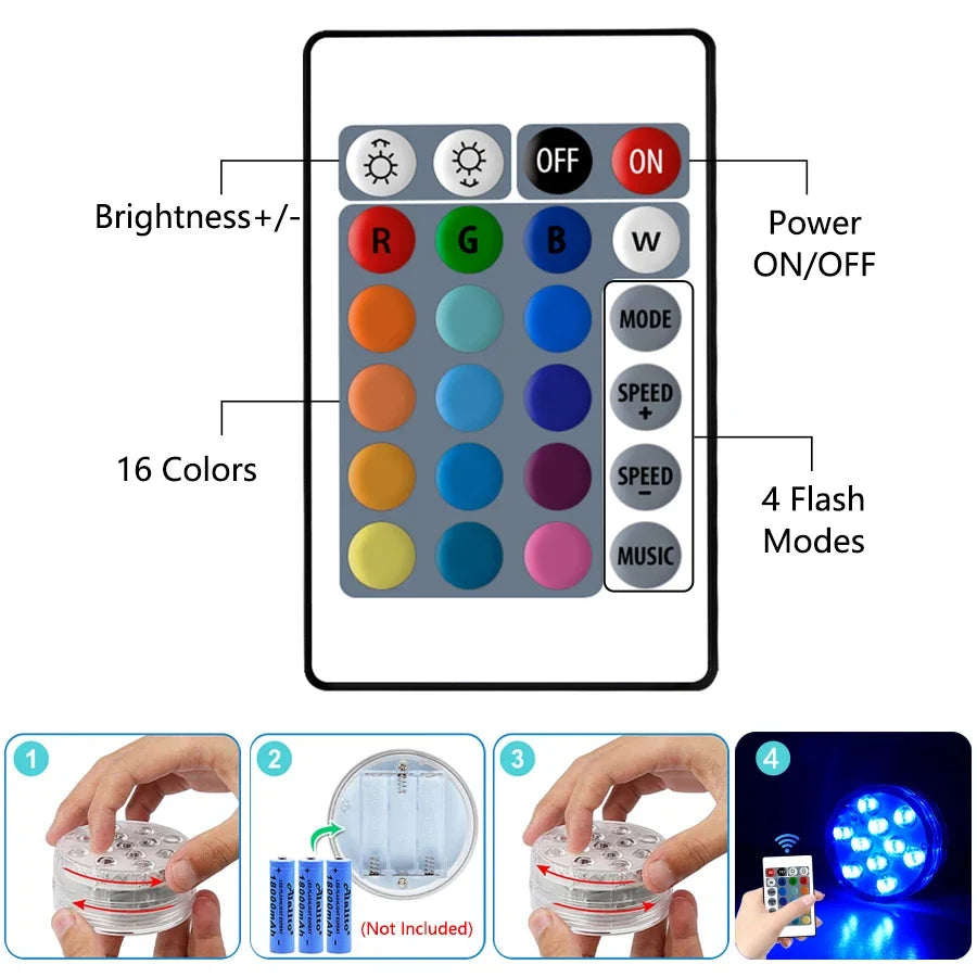 10 Leds RGB Underwater Lights with Magnetic Suction Cups 16 Color Lights Battery Operated Swimming Pool Lamp Underwater Lighting