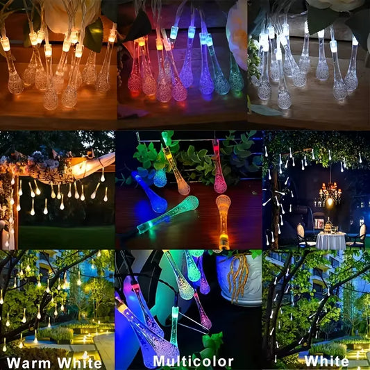 Solar LED Crystal Teardrop Shape Light String Outdoor with 20/30/50 Leds 8-Function Water Drop Pendant Lamp for Garden Christmas